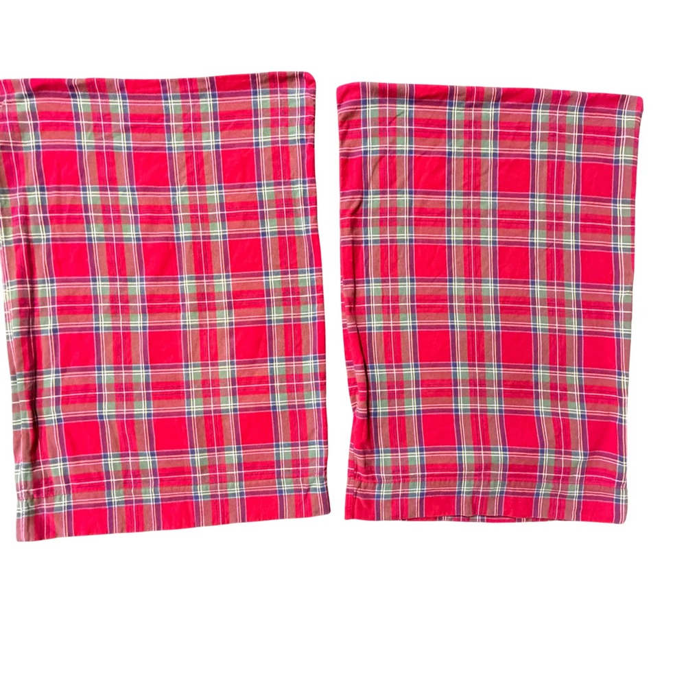 Pottery Barn Kids Plaid Pillowcases‎ Set of 2 Red Green Flannel Made in Portugal